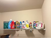 Full shelf view showing majority of cleaning products, teal bin and white plastic laundry basket
