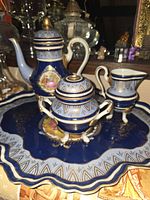 Complete tea set displayed on tray showing design and colours