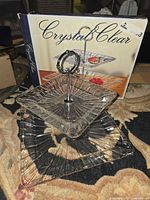 Boxed two-tier pressed glass serving dish assembled and displayed