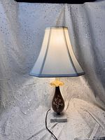 Full view of lamp with shade showing overall design and lighting