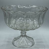 Side view of clear glass compote showing scalloped rim and pedestal base