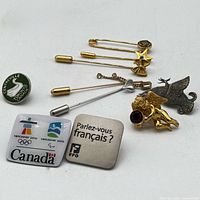 Overall view of all ten pins and brooches