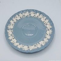 Top view showing pale blue saucer and cream grapevine relief