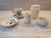 All six pottery items grouped on counter