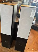 Front view of both T+A tower speakers showing grilles and cabinets