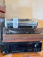 Stacked view of both turntables and Denon receiver