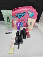 Overview of all Clinique products and pink bag