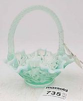 Front view of Fenton mint green opalescent ruffled basket