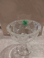 Full view of crystal pedestal dish upright showing pattern and rim