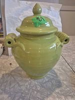 Front view showing green pot with lid and handles