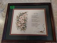 Full view of framed floral print with poem
