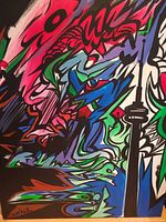 Full view of multicolour abstract painting with CN Tower