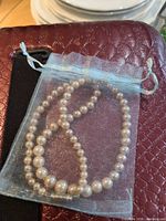 Necklace coiled inside light blue organza pouch