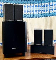 Front view of subwoofer with two satellites on top and two alongside