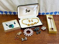 All jewellery pieces laid out including boxed sets and loose brooches/earrings