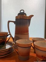 Front view of chocolate pot with cups and saucers