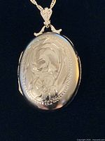 Front view of oval etched sterling locket on chain