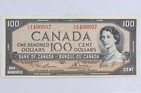 Obverse of 1954 Canada $100 note showing portrait, denomination, serial 14949067