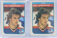 Front view of two 1982 O-Pee-Chee Dale Hawerchuk rookie cards in sleeves