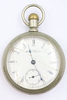 Front view of pocket watch showing dial, hands, cracks, and case front