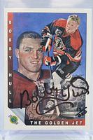 Front of Bobby Hull card showing portrait, action pose and autograph