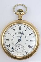 Front view of Elgin gold-filled open-face pocket watch showing dial and hands