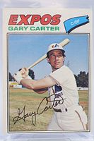 Front of 1977 O-Pee-Chee Gary Carter card showing batting image, facsimile signature, Expos logo