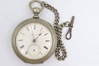 Front view of Hampden pocket watch with chain attached