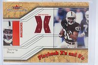 Front of Jerry Rice 2002 Fleer Playbook X’s and O’s game-worn jersey card in sleeve