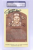 Front of encapsulated Juan Marichal signed Hall of Fame plaque postcard showing signature and PSA/DNA label