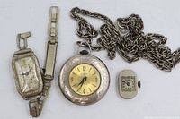 Rectangular wristwatch with bracelet, pocket watch with chain, small movement