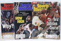 Front covers of the three Sports Illustrated Michael Jordan issues: "Why?" 1993, "How High" 1989, "On a Collision Course" 1992, each in plastic sleeve