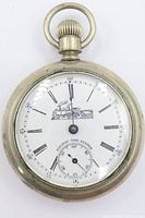 Front view of pocket watch showing dial, hands, locomotive motif, crown and bow
