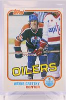 Front of Wayne Gretzky 1981 Topps card showing player image, Oilers logo, card number area cropped