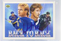 Front view of signed 1992 Upper Deck "Back To Back" card featuring Wayne Gretzky and Brett Hull