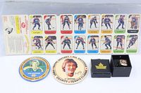 Front of uncut player card sheet, two Gretzky buttons, replica ring with box