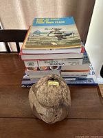 Stack of books topped with aviation book and carved coconut monkey piggy bank nearby