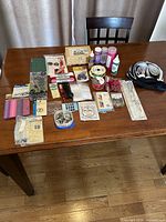 Overall view of assorted craft supplies on table