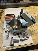 Overall view of Kenwood mixer and all attachments laid out