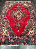 Full overhead shot of entire rug showing red field, central medallion, borders