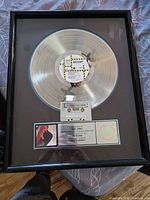 Full view of framed platinum award with LP, cassette and plaque