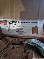 Box label showing Simpson Strong-Tie LT2514 Top Flange Hanger specs