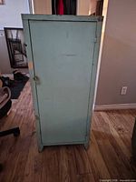 Front view of light blue metal cabinet
