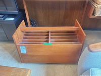 Front view showing teak cart with internal dividers and MaxSold tag