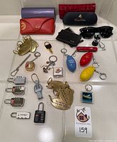 All items arranged on tiled surface showing cases, locks, keyrings and capsules