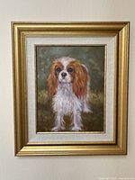 Framed oil painting of dog with linen liner and gold frame