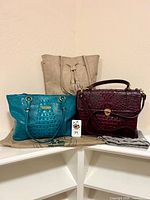 Group shot of three handbags showing colors, styles, and Brahmin dust bag