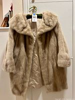 Front view showing mink fur texture, collar, open front, lining visible
