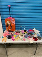 Overall lot on table: rolling case, clothing pile, stands visible