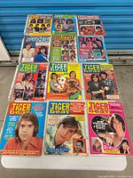 Tabletop overview of all 12 magazines in sleeves